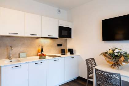 Coin repas d’un appart-hôtel avec table, chaises design, télévision murale et cuisine équipée à proximité près de Colmar, en Alsace