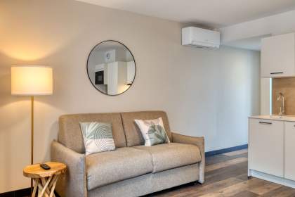 Salon de l’appartement balcon avec vue sur la plaine, canapé confortable, coussins décoratifs, miroir mural et climatisation près de Colmar, en Alsace