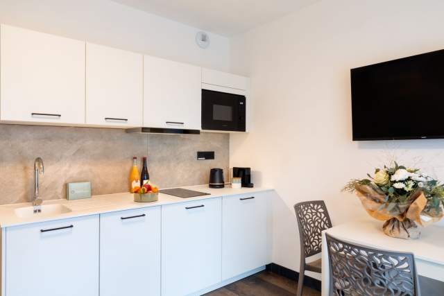 Ausgestattete Küche und Essbereich eines Aparthotels mit eingebauten Elektrogeräten und Wandfernseher in der Nähe von Colmar im Elsass